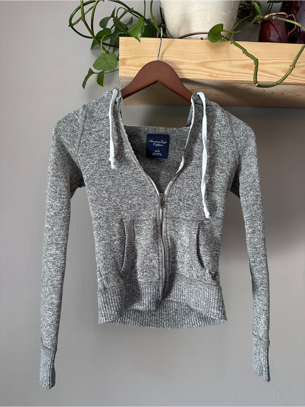 American Eagle Outfitters Heather Gray Zip Hoodie with White Drawstrings